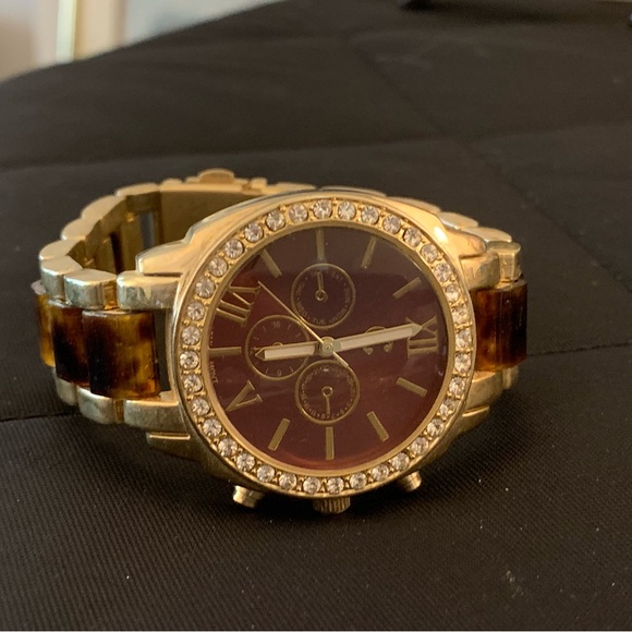 Gold tone and Tortoiseshell Watch with Crystal Details